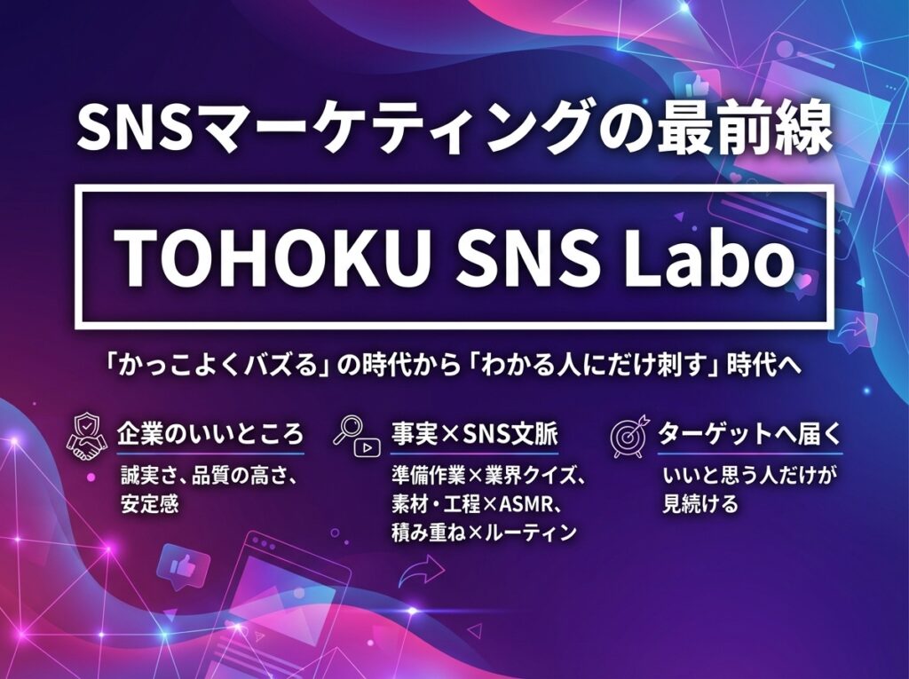 ＳＮＳマーケティングの最前線
ＴＯＨＯＫＵ ＳＮＳ Ｌａｂｏ
「かっこよくバズる」の時代から「わかる人にだけ刺す」時代へ